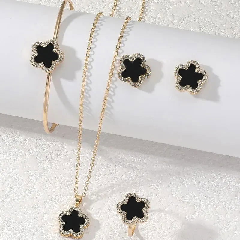 4 PCS Set Flower Shape Pendant Earring Ring Bangle Set Crystal Stone Necklace Earring Stud Cuff Bangle Open RingJewelry Set - LOCKDEALZ