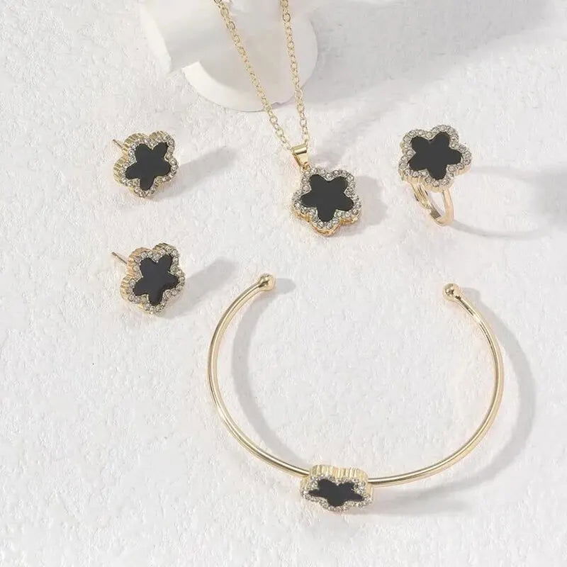 4 PCS Set Flower Shape Pendant Earring Ring Bangle Set Crystal Stone Necklace Earring Stud Cuff Bangle Open RingJewelry Set - LOCKDEALZ