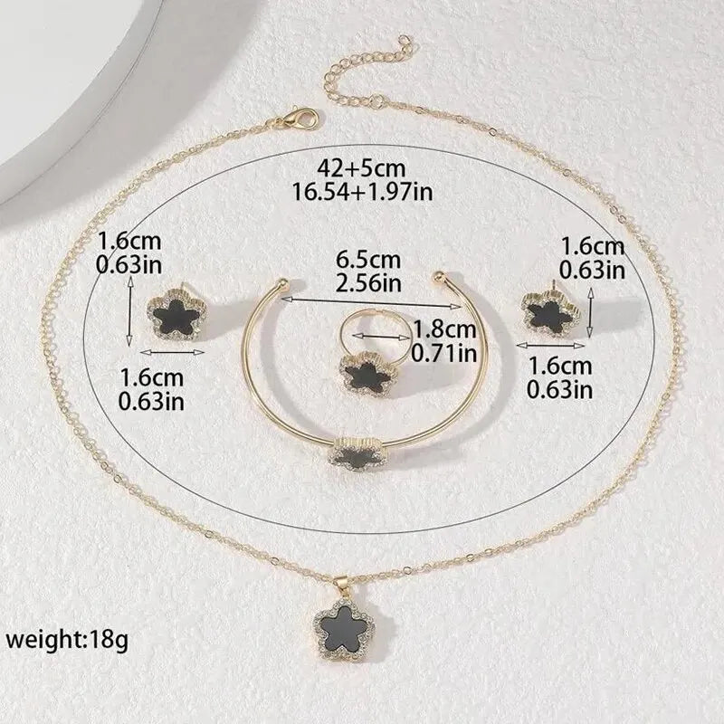 4 PCS Set Flower Shape Pendant Earring Ring Bangle Set Crystal Stone Necklace Earring Stud Cuff Bangle Open RingJewelry Set - LOCKDEALZ