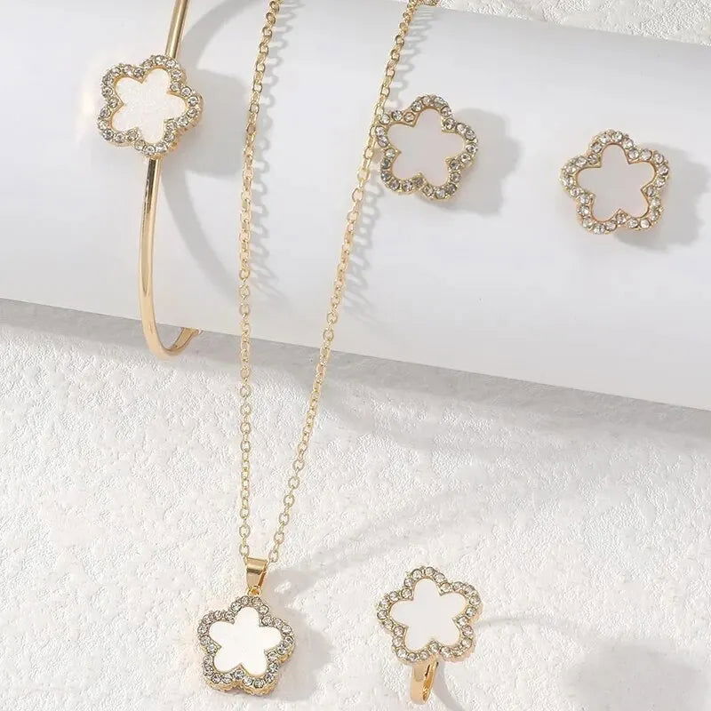 4 PCS Set Flower Shape Pendant Earring Ring Bangle Set Crystal Stone Necklace Earring Stud Cuff Bangle Open RingJewelry Set - LOCKDEALZ