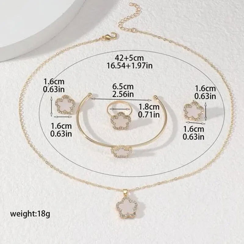 4 PCS Set Flower Shape Pendant Earring Ring Bangle Set Crystal Stone Necklace Earring Stud Cuff Bangle Open RingJewelry Set - LOCKDEALZ