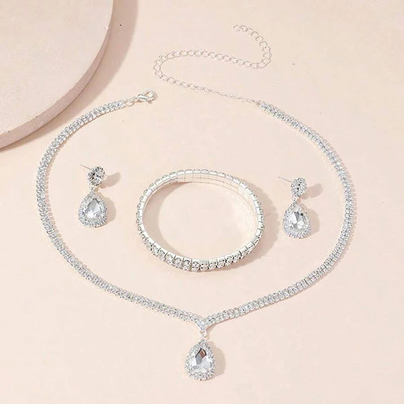 4 Pieces Luxurious Jewelry Set Exquisite Rhinestone Pendant Elegant Women's Crystal Silver Plated Necklace Earrings Bracelet Set - LOCKDEALZ
