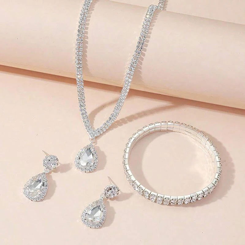 4 Pieces Luxurious Jewelry Set Exquisite Rhinestone Pendant Elegant Women's Crystal Silver Plated Necklace Earrings Bracelet Set - LOCKDEALZ