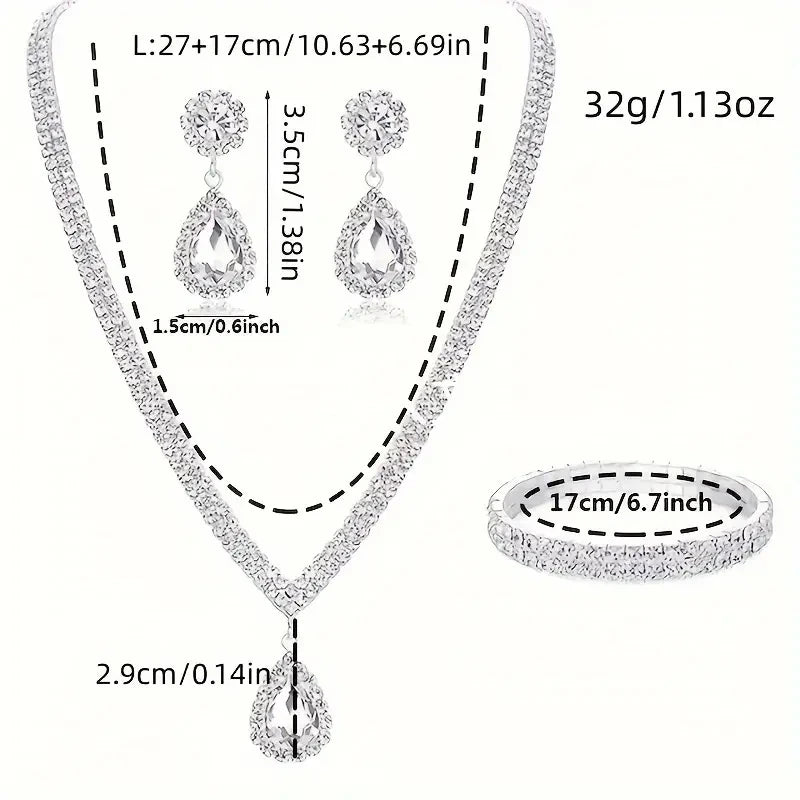 4 Pieces Luxurious Jewelry Set Exquisite Rhinestone Pendant Elegant Women's Crystal Silver Plated Necklace Earrings Bracelet Set - LOCKDEALZ