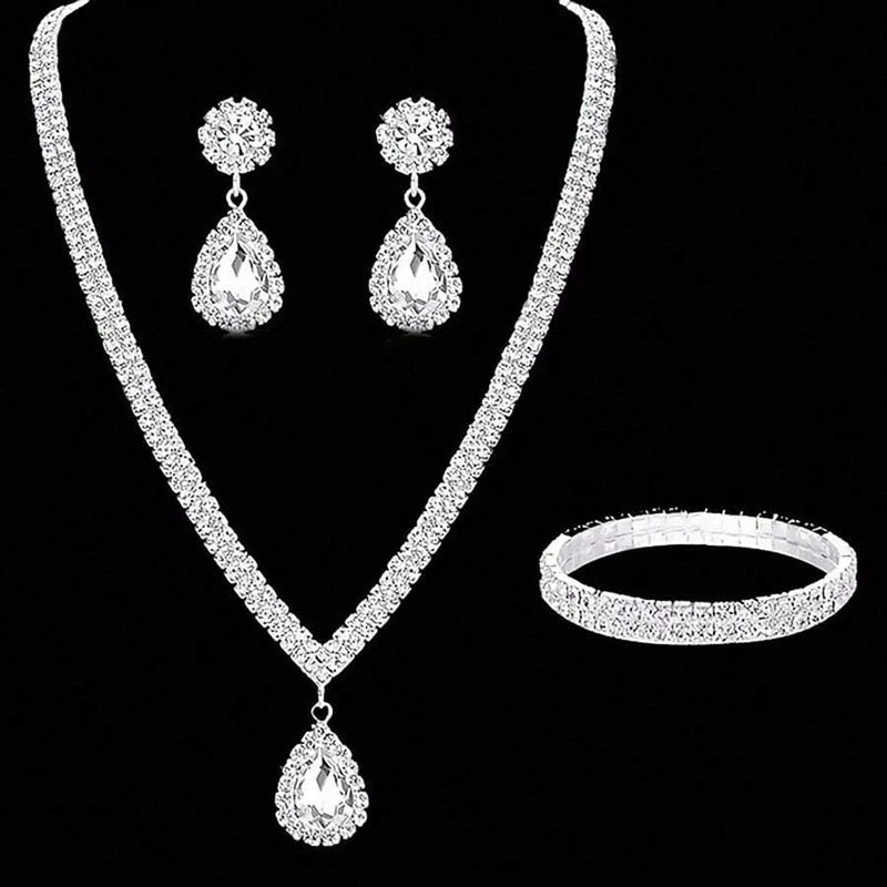 4 Pieces Luxurious Jewelry Set Exquisite Rhinestone Pendant Elegant Women's Crystal Silver Plated Necklace Earrings Bracelet Set - LOCKDEALZ