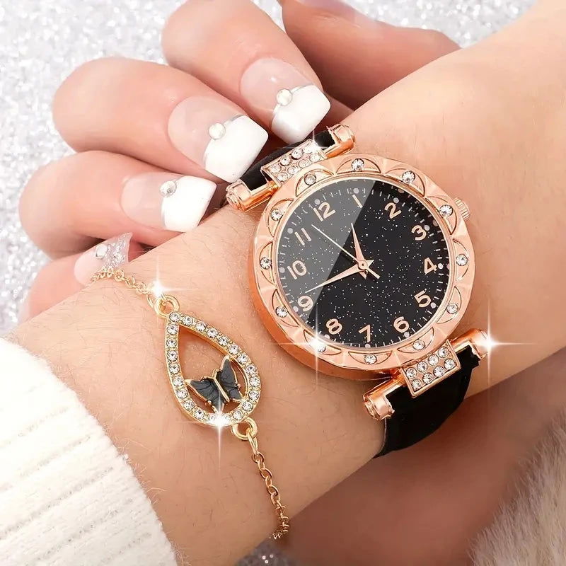 5PCS/Set Luxury Women Watches Rhinestone Fashion Elegant Wristwatch Quartz Watch Ladies Clock For Girl Gift - LOCKDEALZ