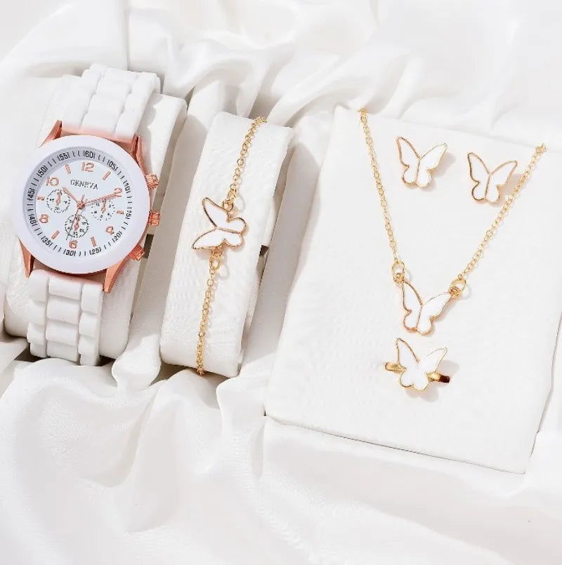5PCS Set Luxury Watch Women Ring Necklace Earrings Rhinestone Fashion Wristwatch Female Casual Ladies Watches Bracelet Set Clock - LOCKDEALZ