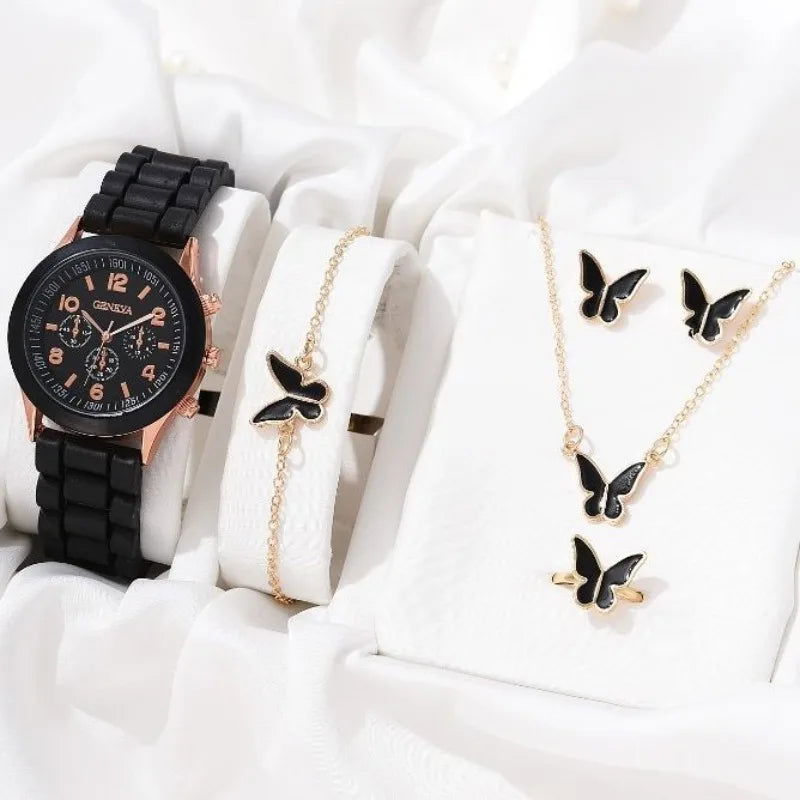 5PCS Set Luxury Watch Women Ring Necklace Earrings Rhinestone Fashion Wristwatch Female Casual Ladies Watches Bracelet Set Clock - LOCKDEALZ