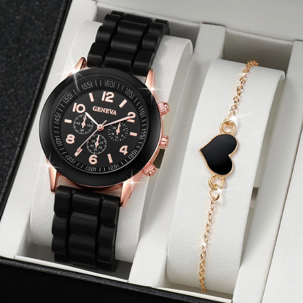 5PCS Set Luxury Watch Women Ring Necklace Earrings Rhinestone Fashion Wristwatch Female Casual Ladies Watches Bracelet Set Clock - LOCKDEALZ