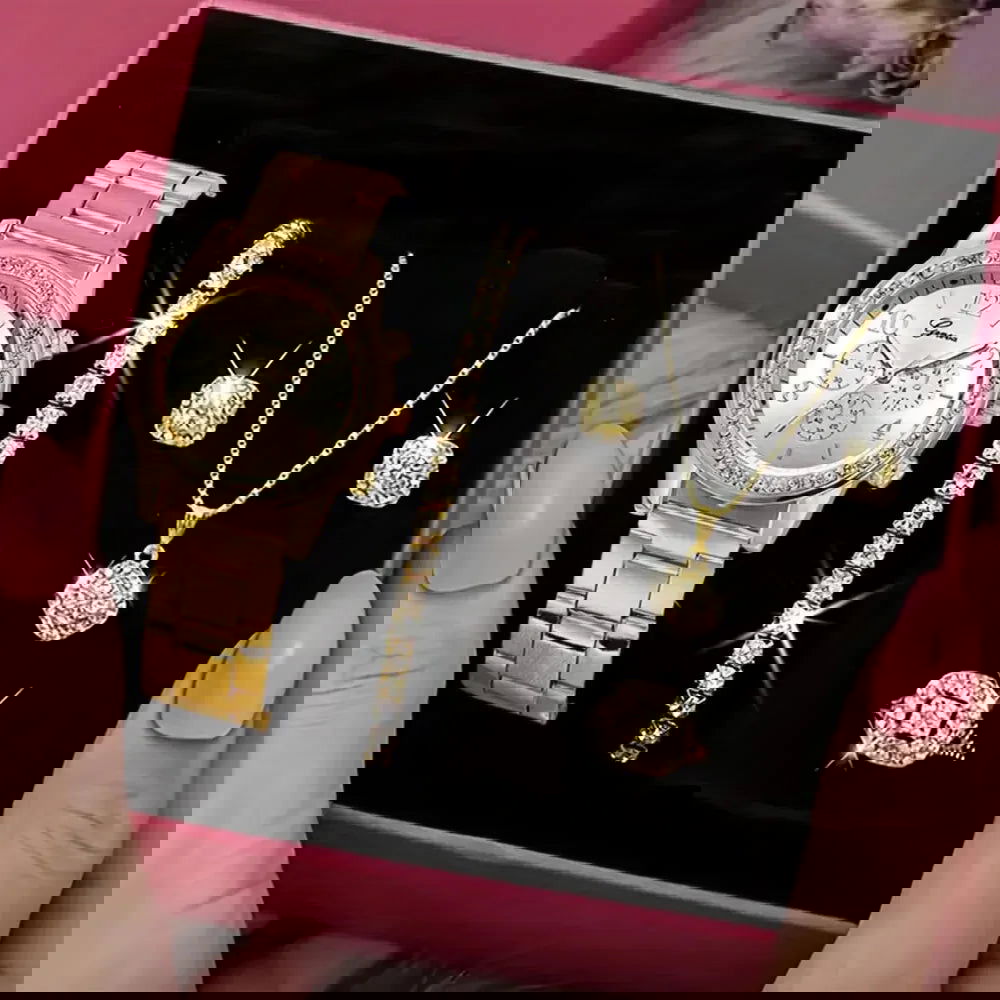 5 PCS Set Gold Watch Women Luxury Ring Necklace Earrings Rhinestone Fashion Wristwatch Female Casual Watches Bracelet Set - LOCKDEALZ