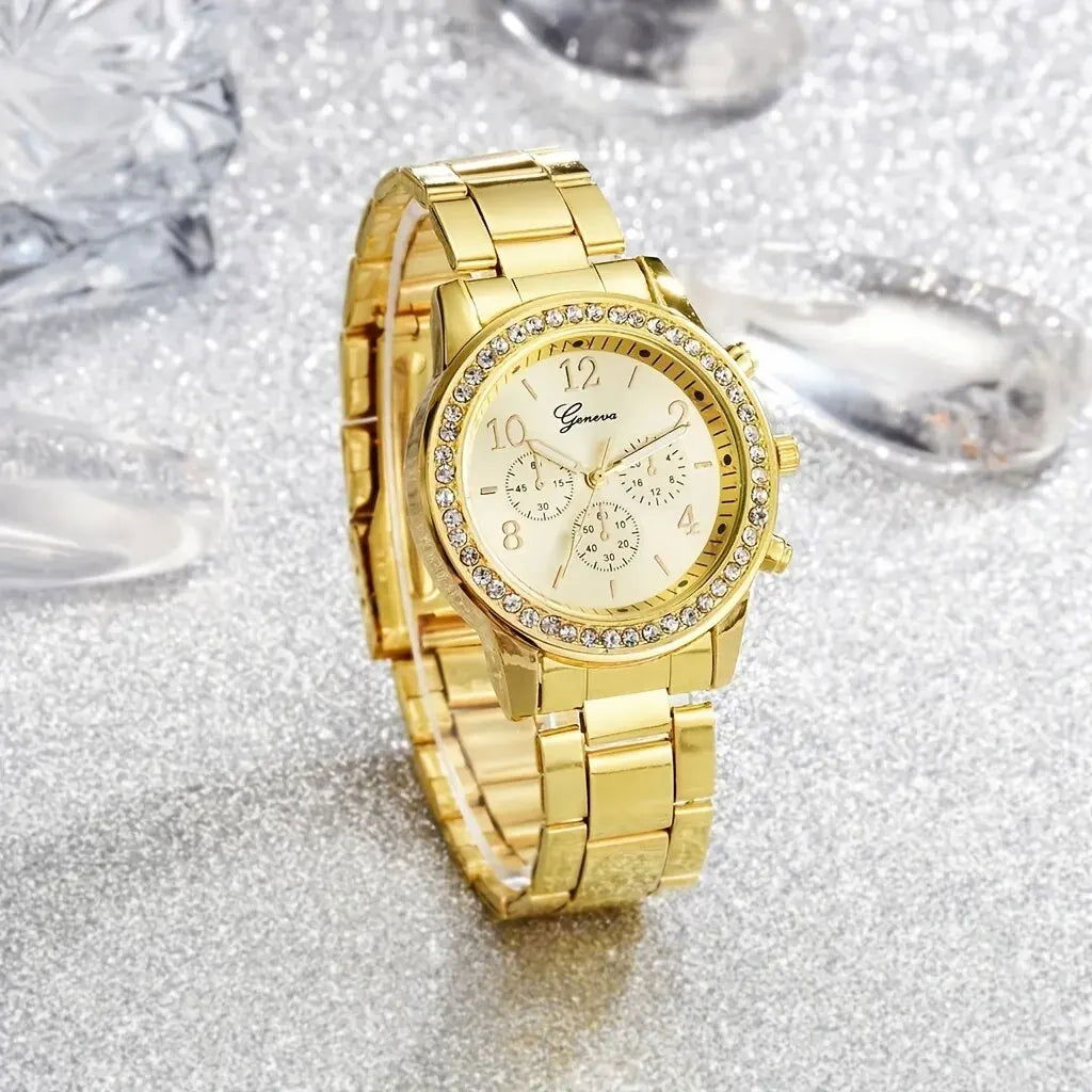 5 PCS Set Gold Watch Women Luxury Ring Necklace Earrings Rhinestone Fashion Wristwatch Female Casual Watches Bracelet Set - LOCKDEALZ