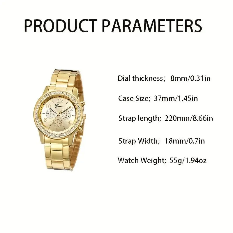 5 PCS Set Gold Watch Women Luxury Ring Necklace Earrings Rhinestone Fashion Wristwatch Female Casual Watches Bracelet Set - LOCKDEALZ