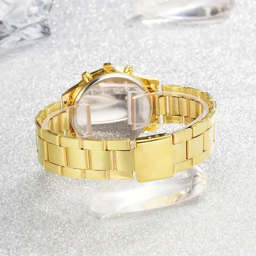 5 PCS Set Gold Watch Women Luxury Ring Necklace Earrings Rhinestone Fashion Wristwatch Female Casual Watches Bracelet Set - LOCKDEALZ