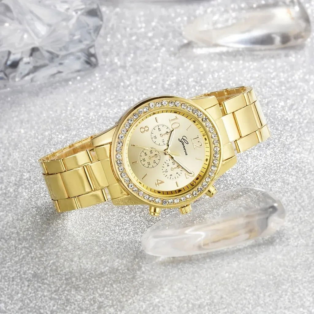 5 PCS Set Gold Watch Women Luxury Ring Necklace Earrings Rhinestone Fashion Wristwatch Female Casual Watches Bracelet Set - LOCKDEALZ