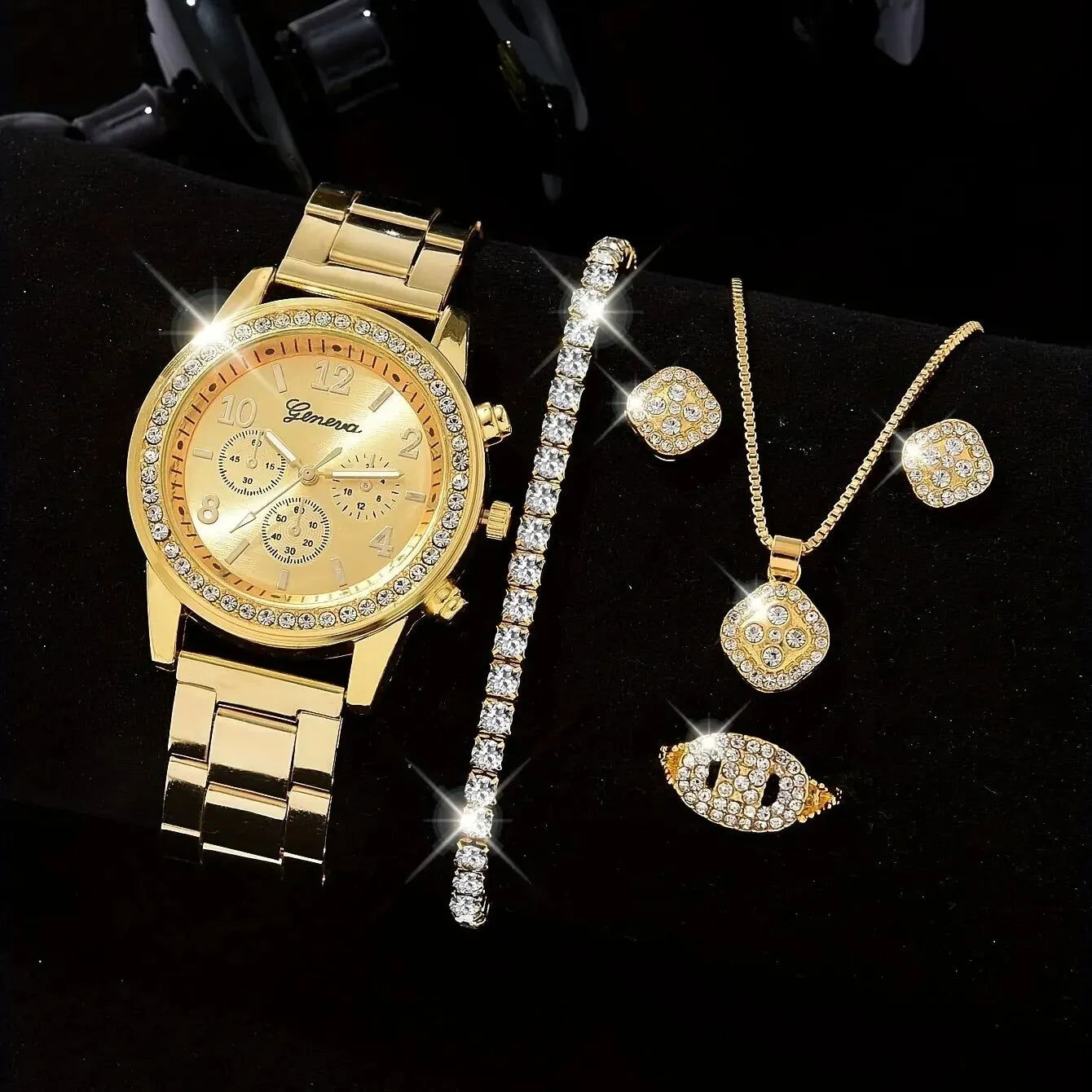 5 PCS Set Gold Watch Women Luxury Ring Necklace Earrings Rhinestone Fashion Wristwatch Female Casual Watches Bracelet Set - LOCKDEALZ