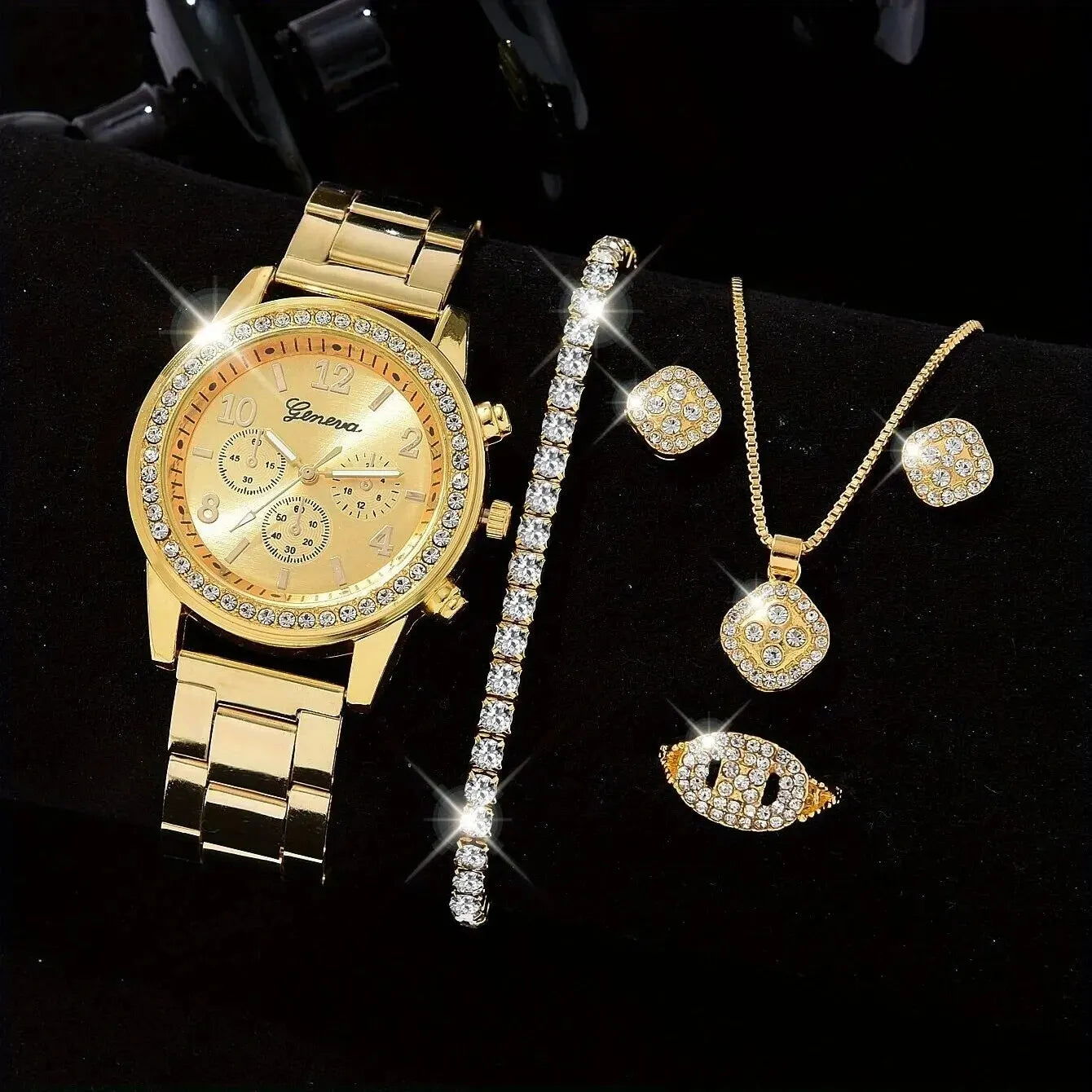 5 PCS Set Gold Watch Women Luxury Ring Necklace Earrings Rhinestone Fashion Wristwatch Female Casual Watches Bracelet Set - LOCKDEALZ