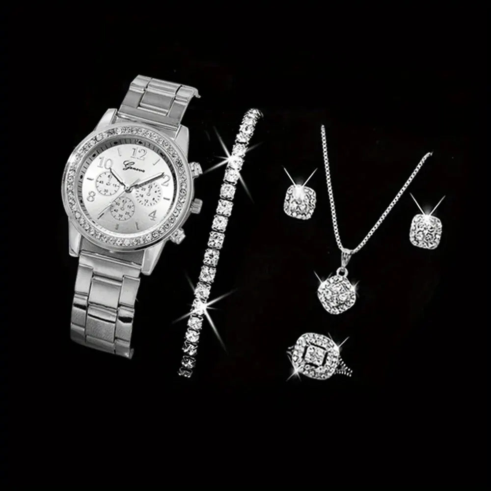 5 PCS Set Gold Watch Women Luxury Ring Necklace Earrings Rhinestone Fashion Wristwatch Female Casual Watches Bracelet Set - LOCKDEALZ