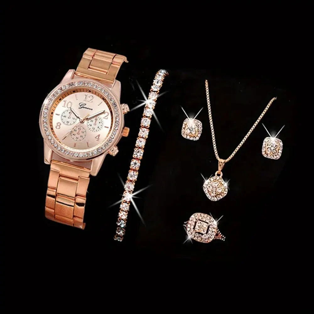5 PCS Set Gold Watch Women Luxury Ring Necklace Earrings Rhinestone Fashion Wristwatch Female Casual Watches Bracelet Set - LOCKDEALZ