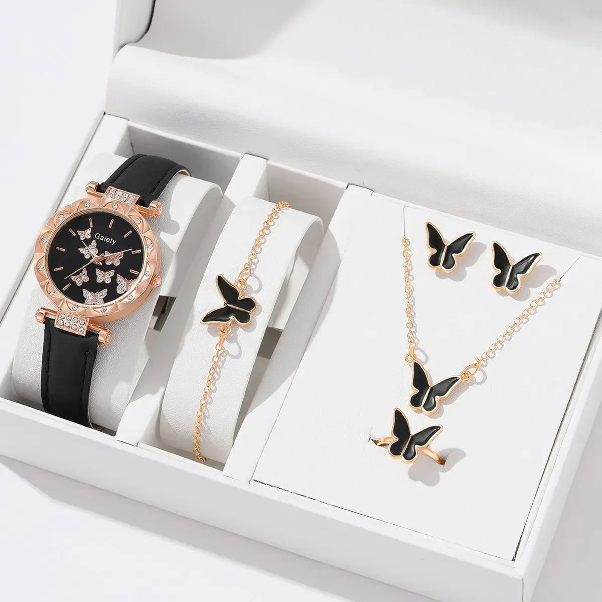 6/1pcs Set Women Watch Ring Necklace Earrings Bracelet Set Watches Butterfly Leather Strap Ladies Quartz WristWatch (No Box) - LOCKDEALZ