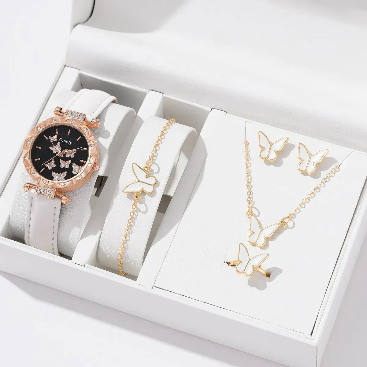 6/1pcs Set Women Watch Ring Necklace Earrings Bracelet Set Watches Butterfly Leather Strap Ladies Quartz WristWatch (No Box) - LOCKDEALZ