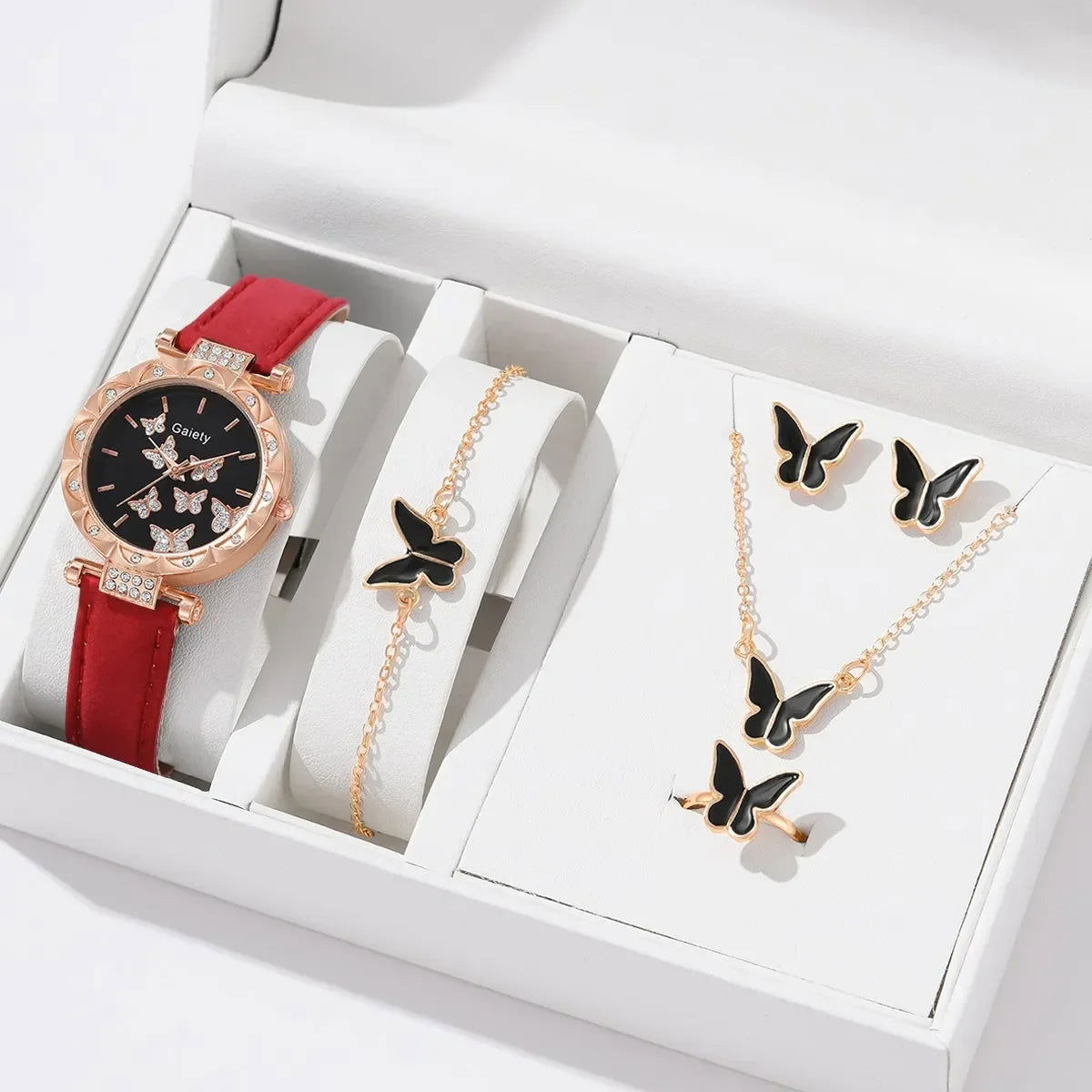 6/1pcs Set Women Watch Ring Necklace Earrings Bracelet Set Watches Butterfly Leather Strap Ladies Quartz WristWatch (No Box) - LOCKDEALZ