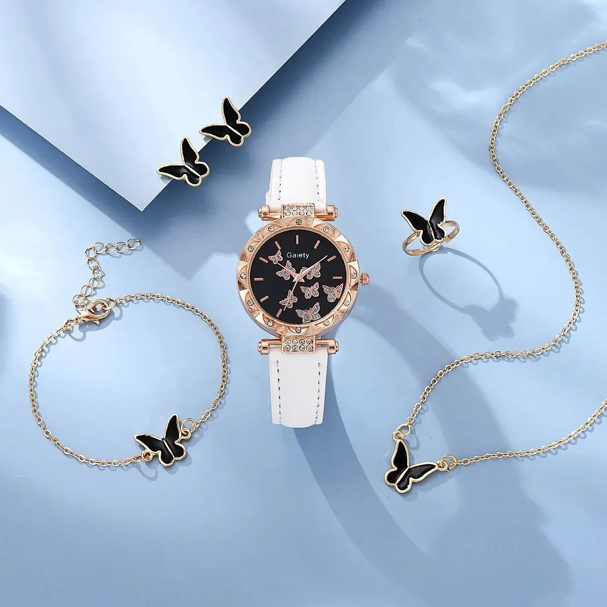 6/1pcs Set Women Watch Ring Necklace Earrings Bracelet Set Watches Butterfly Leather Strap Ladies Quartz WristWatch (No Box) - LOCKDEALZ