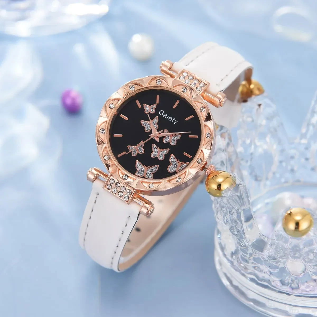 6/1pcs Set Women Watch Ring Necklace Earrings Bracelet Set Watches Butterfly Leather Strap Ladies Quartz WristWatch (No Box) - LOCKDEALZ