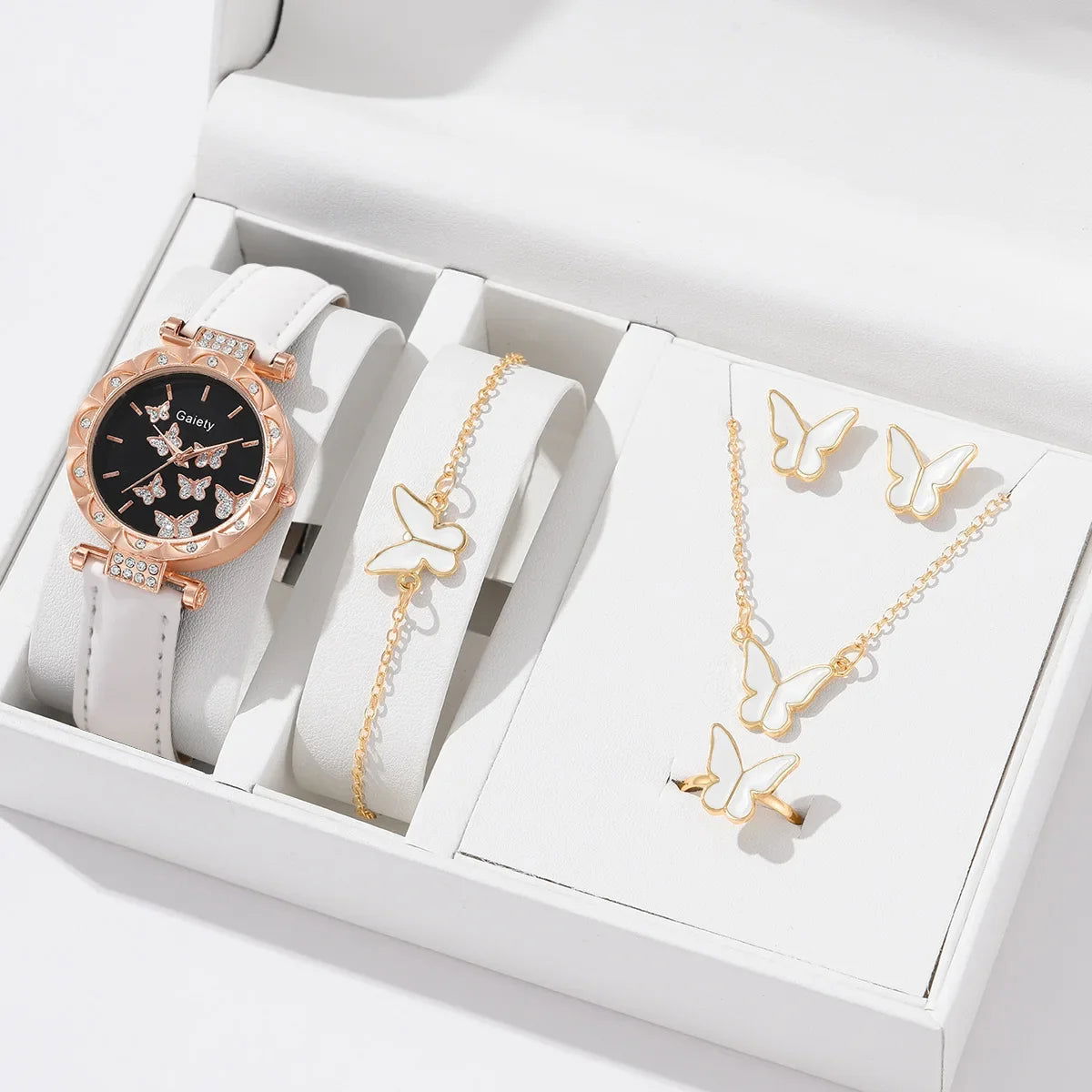6/1pcs Set Women Watch Ring Necklace Earrings Bracelet Set Watches Butterfly Leather Strap Ladies Quartz WristWatch (No Box) - LOCKDEALZ