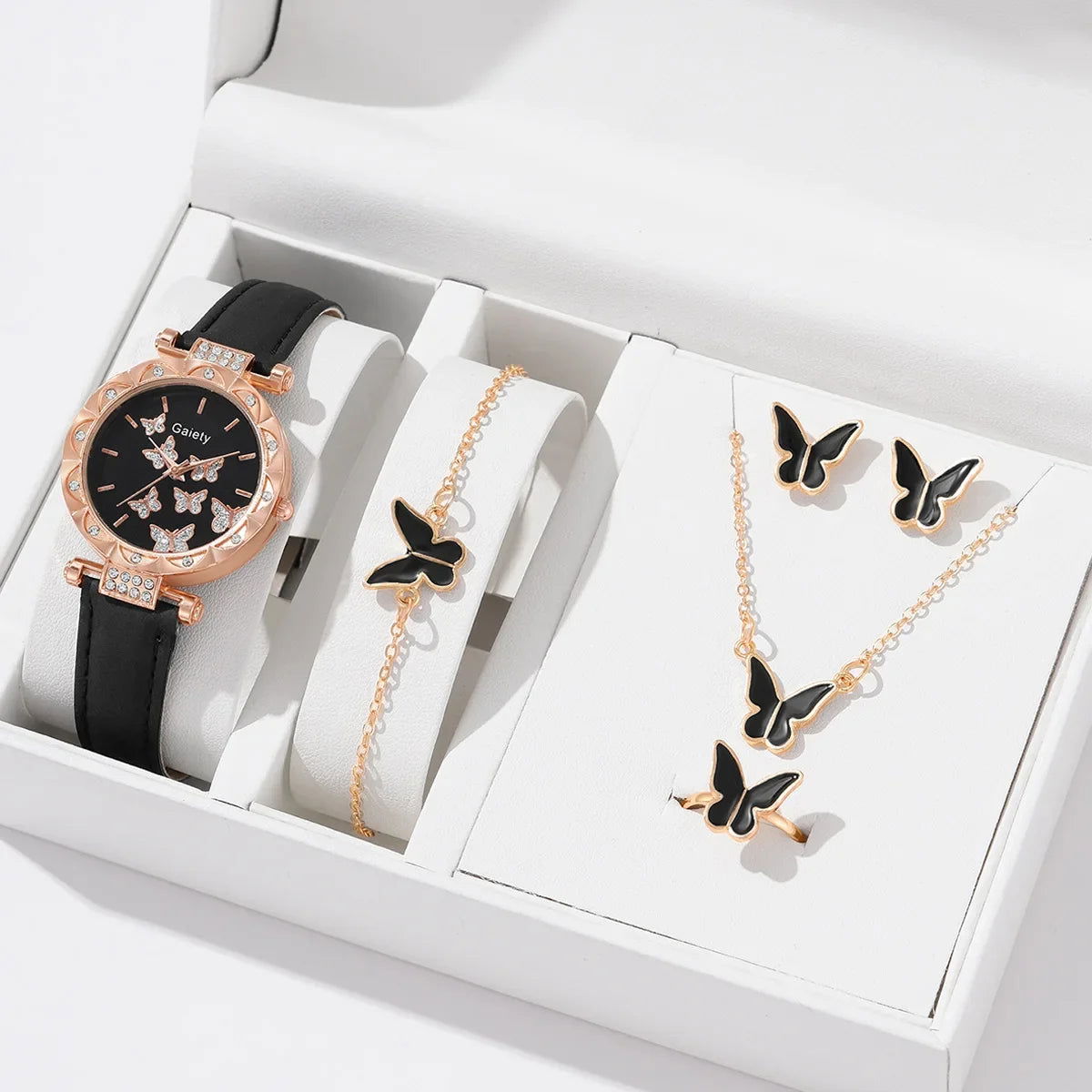 6/1pcs Set Women Watch Ring Necklace Earrings Bracelet Set Watches Butterfly Leather Strap Ladies Quartz WristWatch (No Box) - LOCKDEALZ