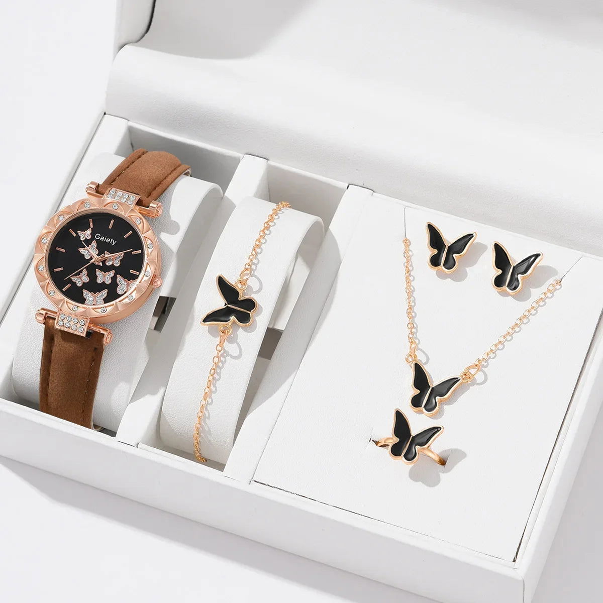 6/1pcs Set Women Watch Ring Necklace Earrings Bracelet Set Watches Butterfly Leather Strap Ladies Quartz WristWatch (No Box) - LOCKDEALZ