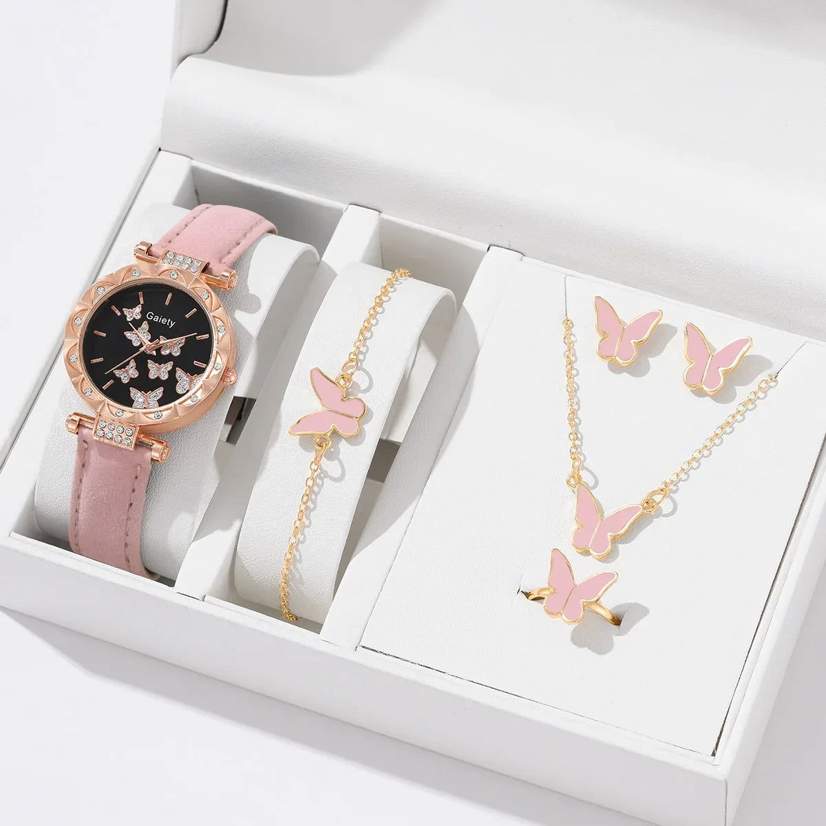 6/1pcs Set Women Watch Ring Necklace Earrings Bracelet Set Watches Butterfly Leather Strap Ladies Quartz WristWatch (No Box) - LOCKDEALZ