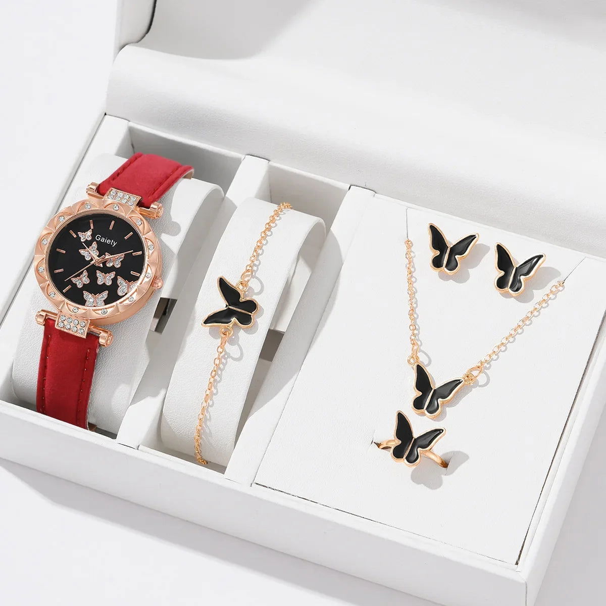 6/1pcs Set Women Watch Ring Necklace Earrings Bracelet Set Watches Butterfly Leather Strap Ladies Quartz WristWatch (No Box) - LOCKDEALZ
