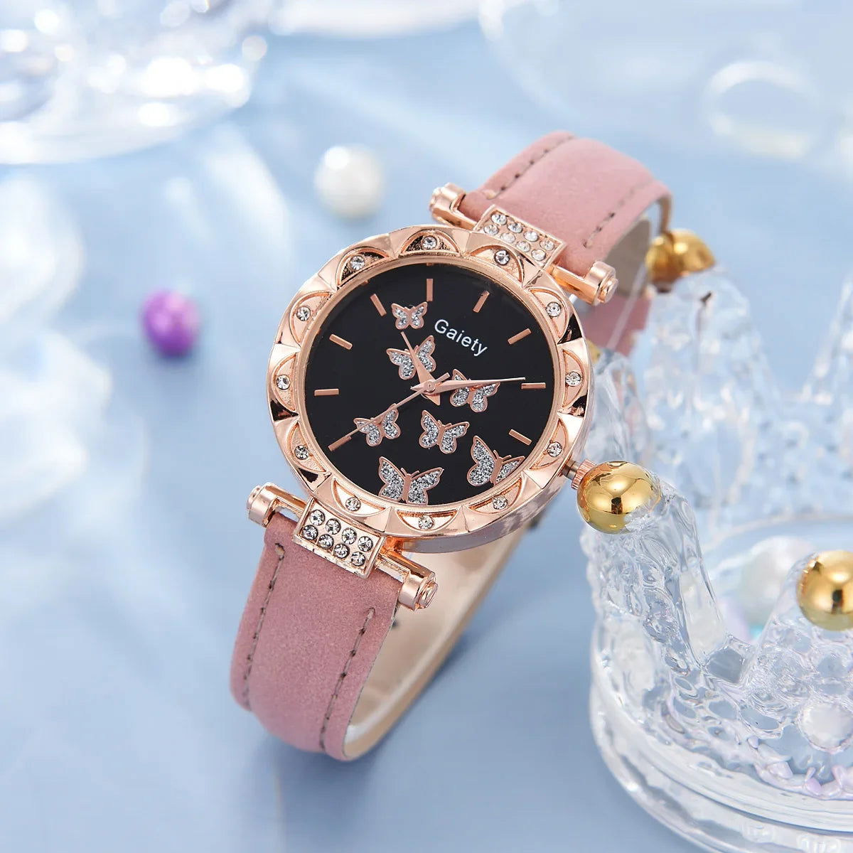 6/1pcs Set Women Watch Ring Necklace Earrings Bracelet Set Watches Butterfly Leather Strap Ladies Quartz WristWatch (No Box) - LOCKDEALZ