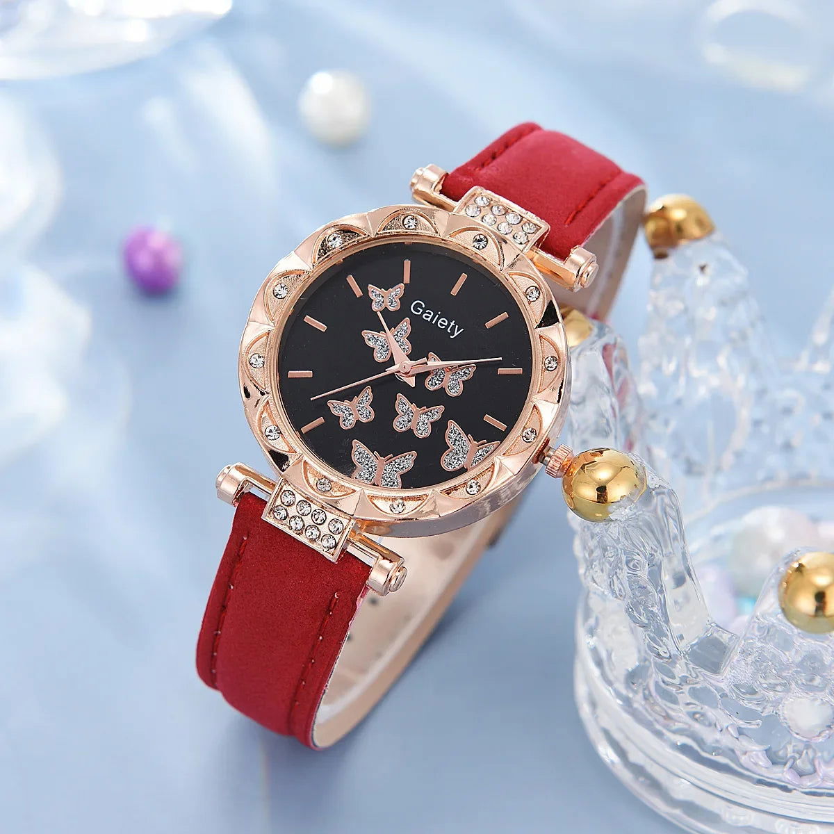 6/1pcs Set Women Watch Ring Necklace Earrings Bracelet Set Watches Butterfly Leather Strap Ladies Quartz WristWatch (No Box) - LOCKDEALZ