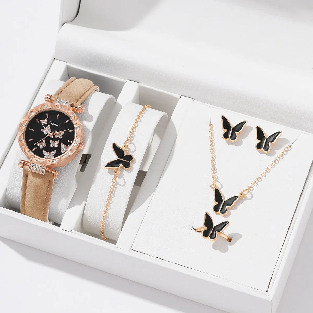 6/1pcs Set Women Watch Ring Necklace Earrings Bracelet Set Watches Butterfly Leather Strap Ladies Quartz WristWatch (No Box) - LOCKDEALZ