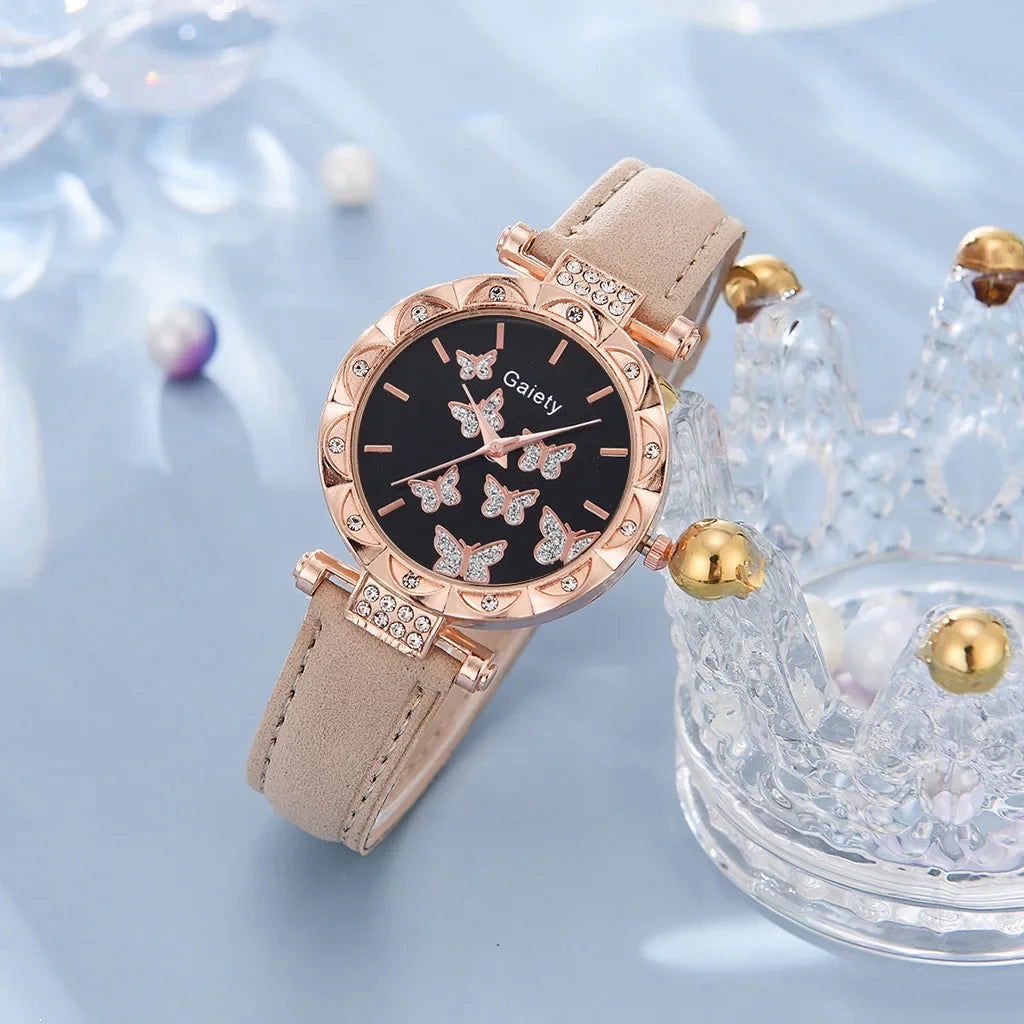 6/1pcs Set Women Watch Ring Necklace Earrings Bracelet Set Watches Butterfly Leather Strap Ladies Quartz WristWatch (No Box) - LOCKDEALZ