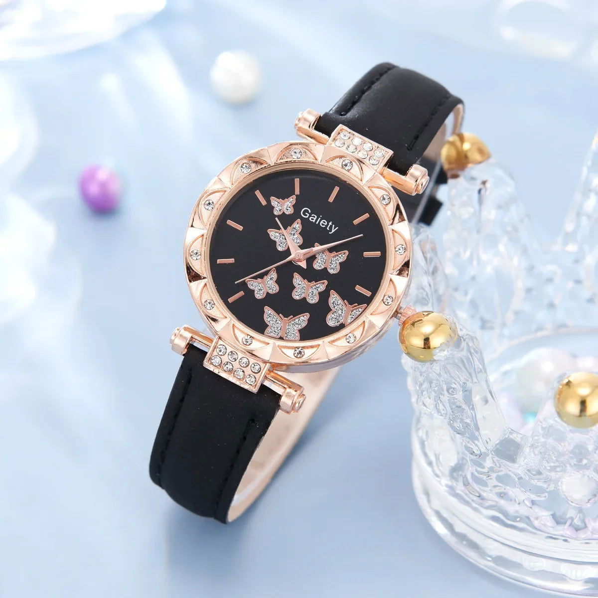 6/1pcs Set Women Watch Ring Necklace Earrings Bracelet Set Watches Butterfly Leather Strap Ladies Quartz WristWatch (No Box) - LOCKDEALZ