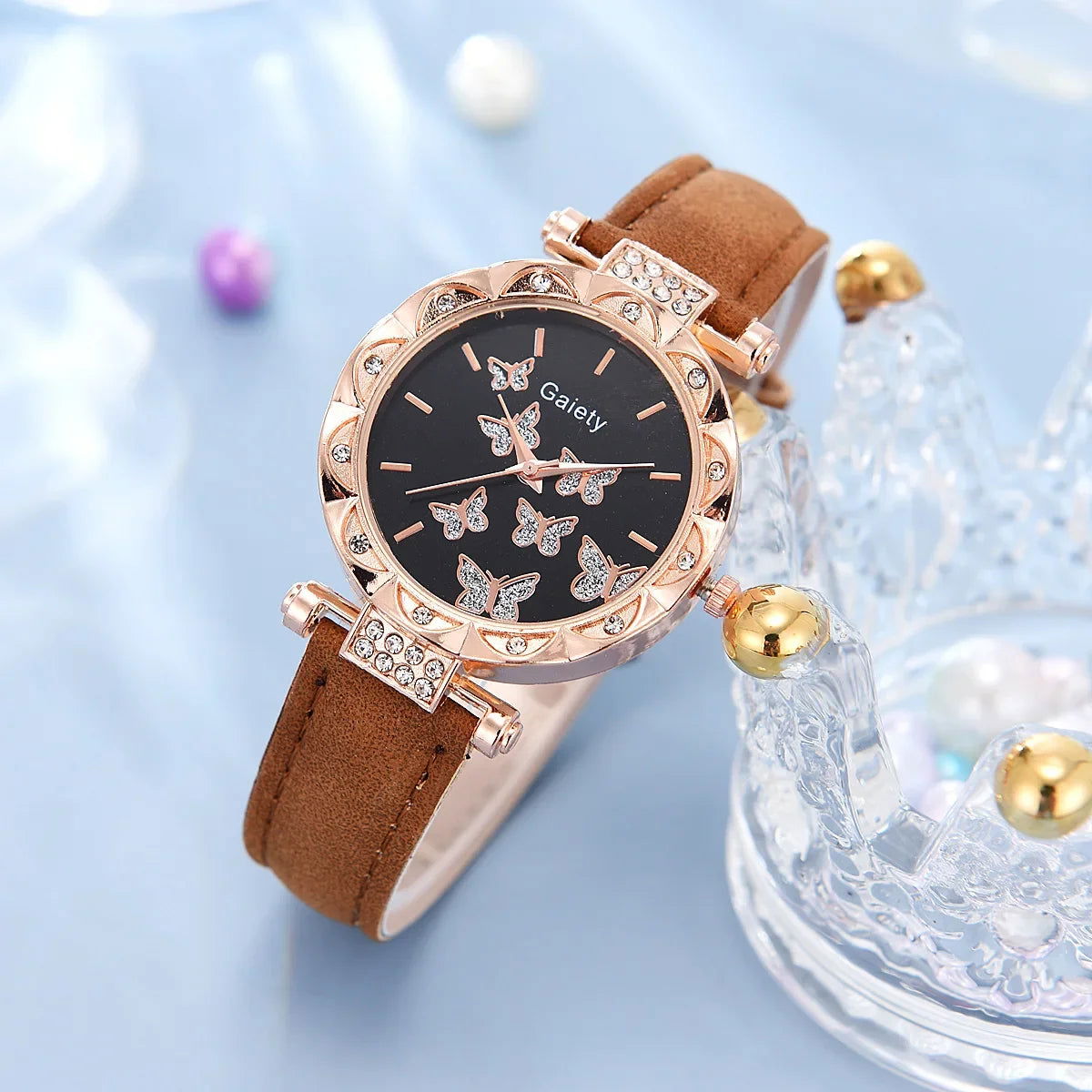 6/1pcs Set Women Watch Ring Necklace Earrings Bracelet Set Watches Butterfly Leather Strap Ladies Quartz WristWatch (No Box) - LOCKDEALZ