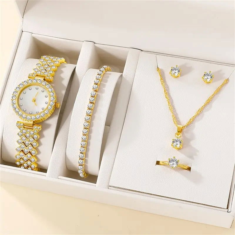 6PCS Set Luxury Watch Women Ring Necklace Earring Rhinestone Fashion Wristwatch Casual Ladies Watches Bracelet Set Clock - LOCKDEALZ