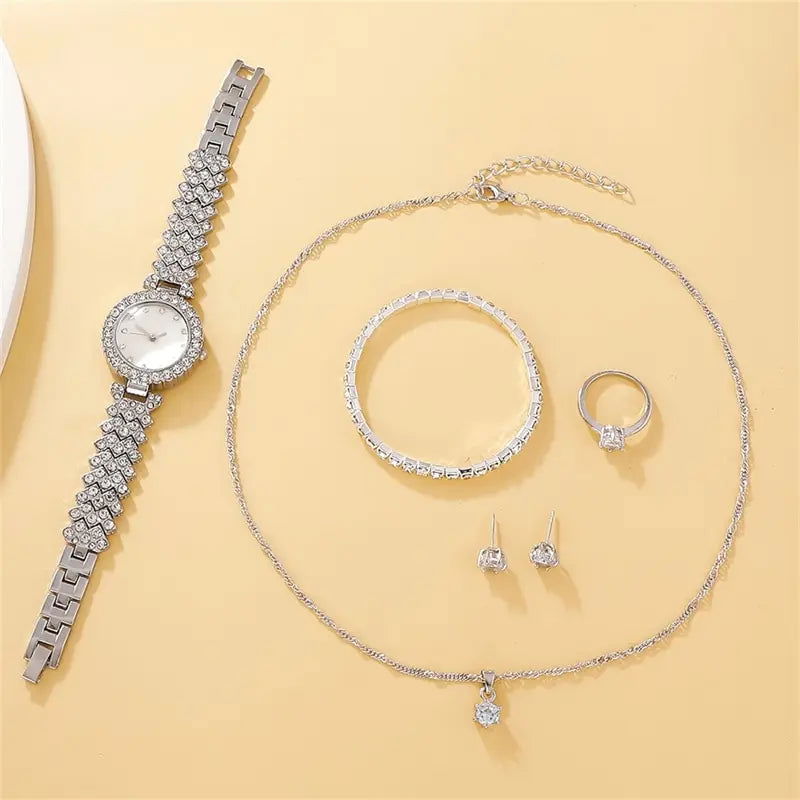 6PCS Set Luxury Watch Women Ring Necklace Earring Rhinestone Fashion Wristwatch Casual Ladies Watches Bracelet Set Clock - LOCKDEALZ