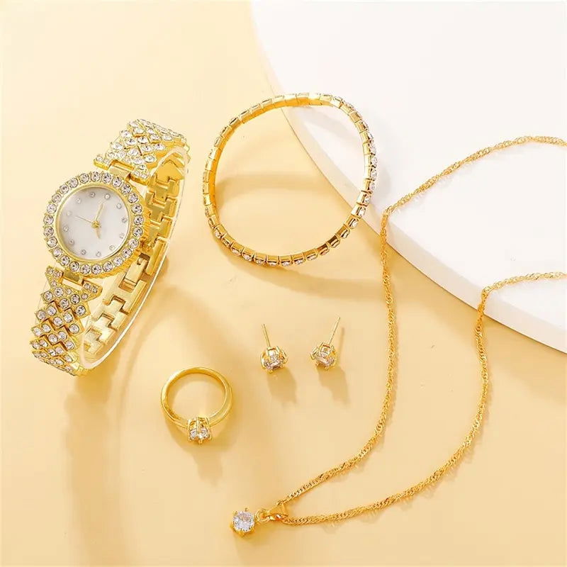 6PCS Set Luxury Watch Women Ring Necklace Earring Rhinestone Fashion Wristwatch Casual Ladies Watches Bracelet Set Clock - LOCKDEALZ