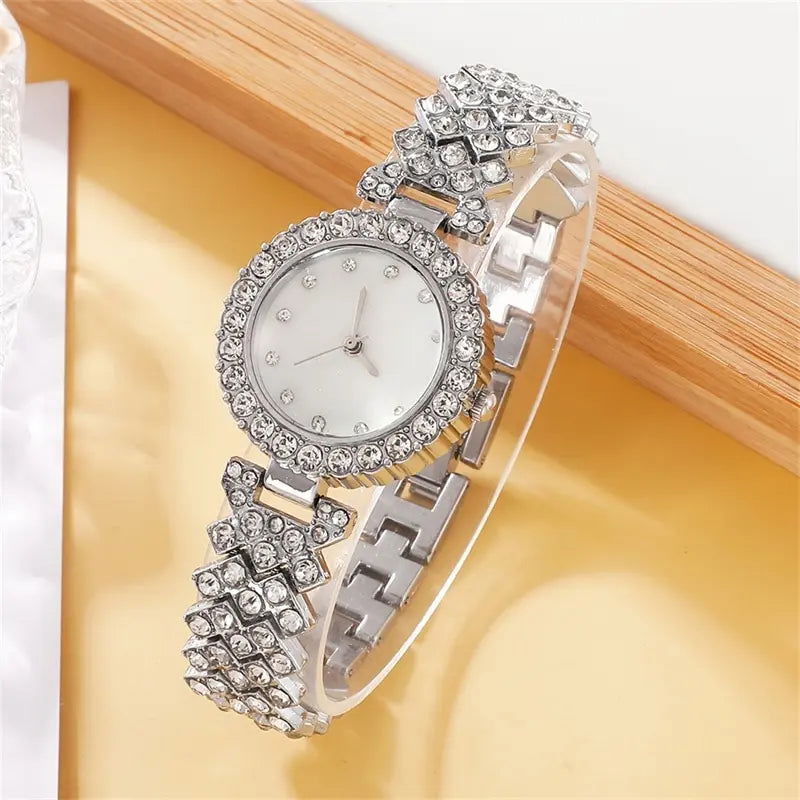 6PCS Set Luxury Watch Women Ring Necklace Earring Rhinestone Fashion Wristwatch Casual Ladies Watches Bracelet Set Clock - LOCKDEALZ