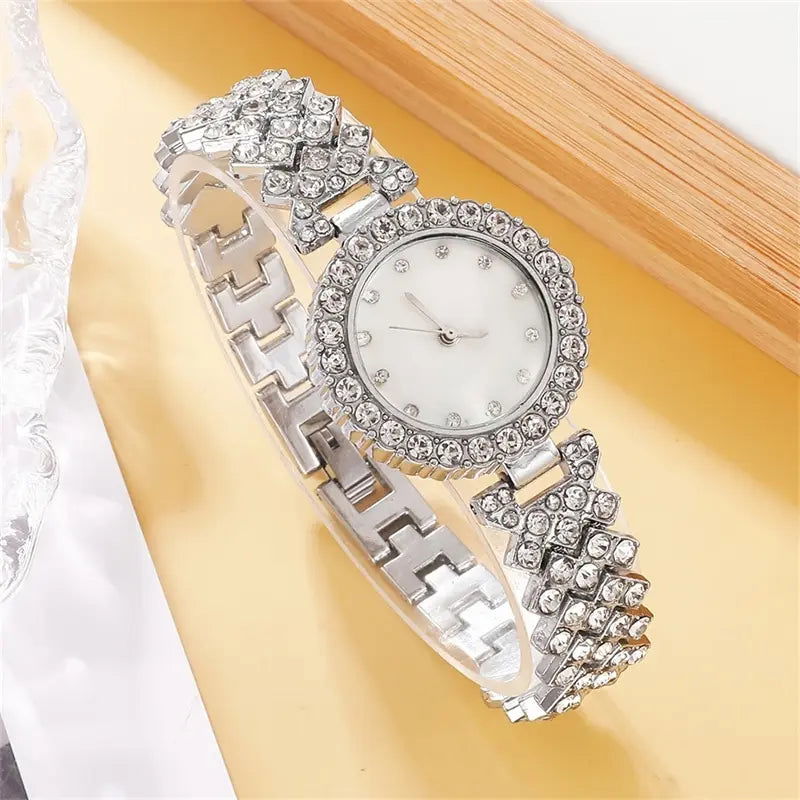 6PCS Set Luxury Watch Women Ring Necklace Earring Rhinestone Fashion Wristwatch Casual Ladies Watches Bracelet Set Clock - LOCKDEALZ