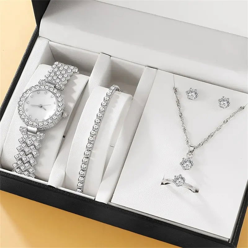 6PCS Set Luxury Watch Women Ring Necklace Earring Rhinestone Fashion Wristwatch Casual Ladies Watches Bracelet Set Clock - LOCKDEALZ