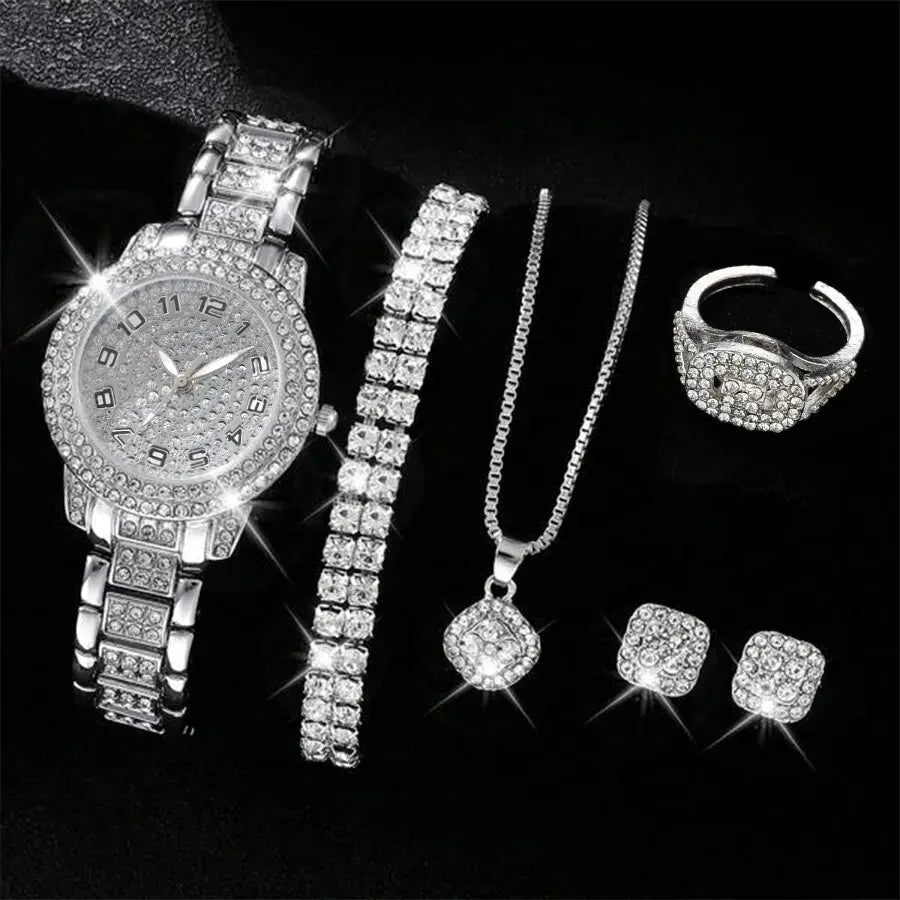 6PCS Women Watch Luxury Elegant Alloy Watch Crystal Wristwatch For Ladies Gift Quartz Watch Alloy Rhinestone Bracelet Montre - LOCKDEALZ