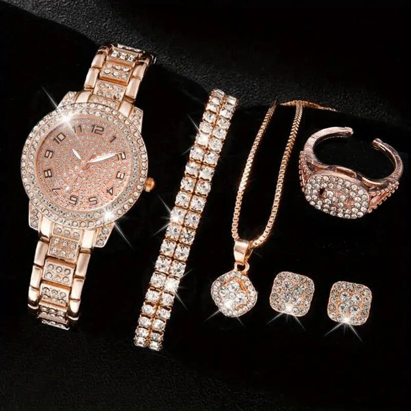 6PCS Women Watch Luxury Elegant Alloy Watch Crystal Wristwatch For Ladies Gift Quartz Watch Alloy Rhinestone Bracelet Montre - LOCKDEALZ
