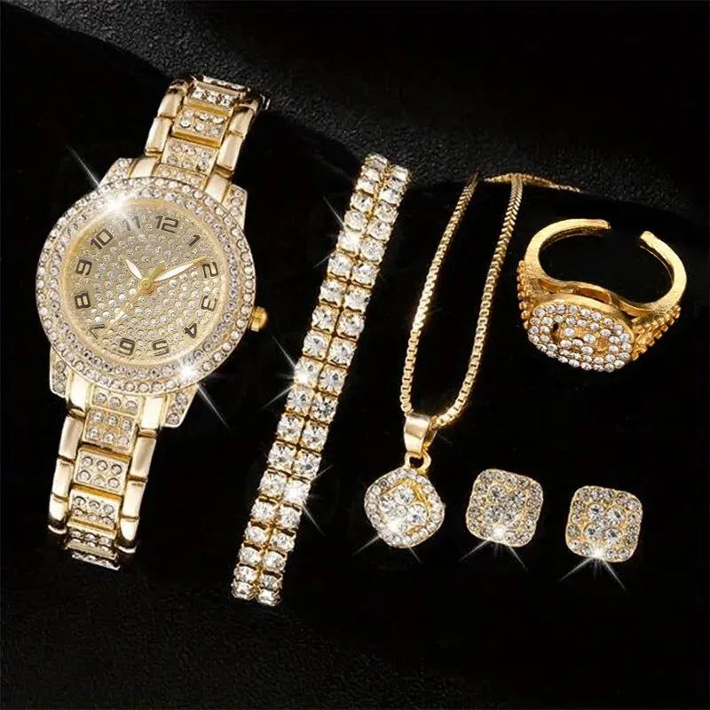 6PCS Women Watch Luxury Elegant Alloy Watch Crystal Wristwatch For Ladies Gift Quartz Watch Alloy Rhinestone Bracelet Montre - LOCKDEALZ