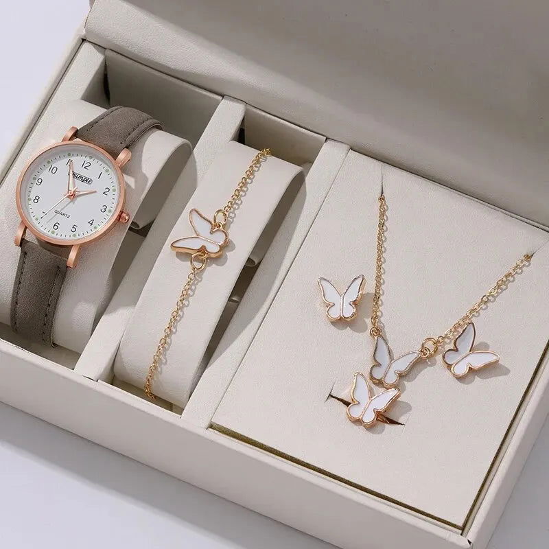 6Pcs Sets Luxury White Leather Analog Ladies Quartz Wrist Watch Fashion Butterfly Design Earring Bracelet Necklace Gifts - LOCKDEALZ