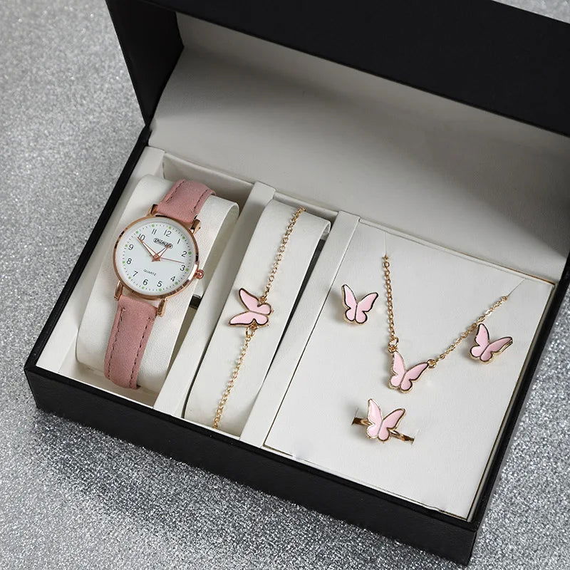 6Pcs Sets Luxury White Leather Analog Ladies Quartz Wrist Watch Fashion Butterfly Design Earring Bracelet Necklace Gifts - LOCKDEALZ