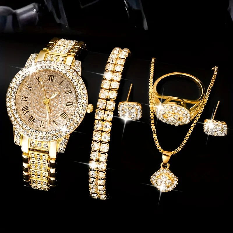 6pcs/set Women's Watch Luxury Rhinestone Quartz Watch Hiphop Fashion Analog Wrist Watch & Jewelry Set, Gift For Mom Her - LOCKDEALZ